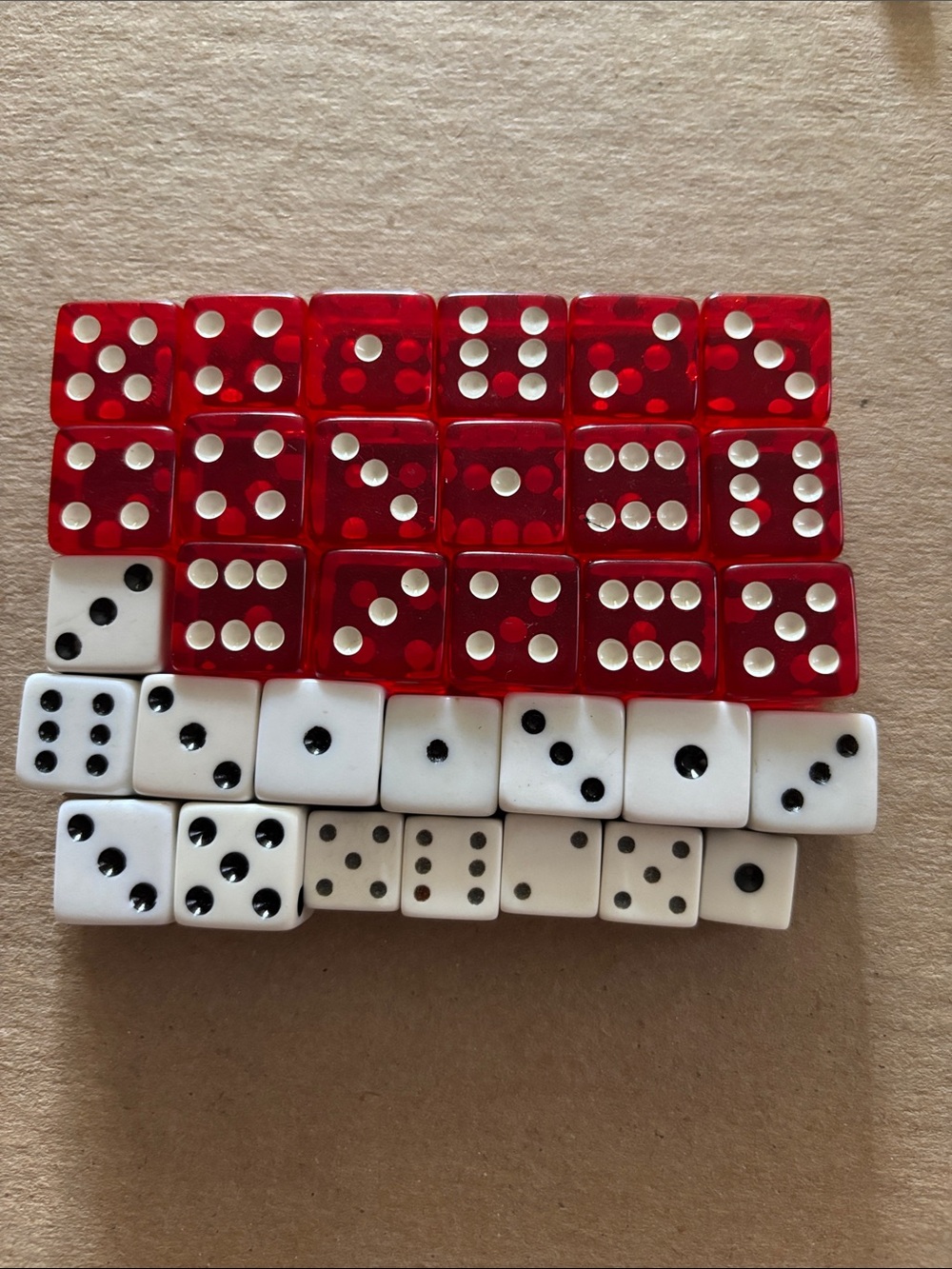 32 Dice Mixed Sizes. Red & White Casino Dice Set for Home.